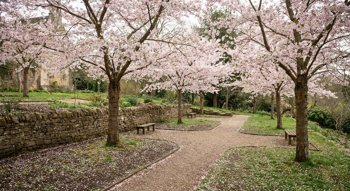 A winding gravel path through a park, lined with blooming pink cherry trees, scattered fallen petals, wooden benches