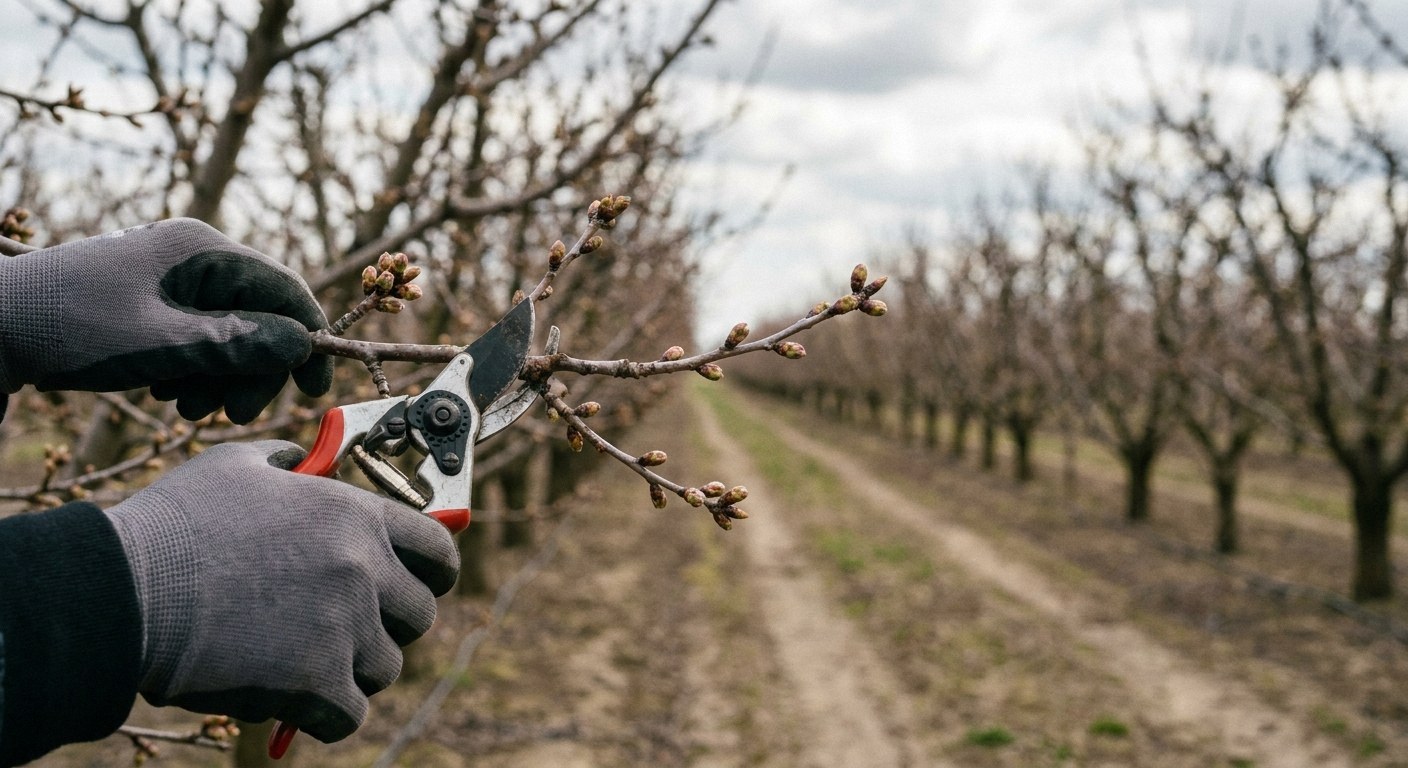 Gloved hands use pruning shears on a budding branch. Blurred rows of bare trees form the background