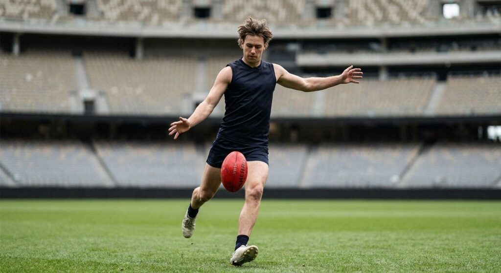 An Australian rules footballer in a generic stadium kicking a red leather football on the run