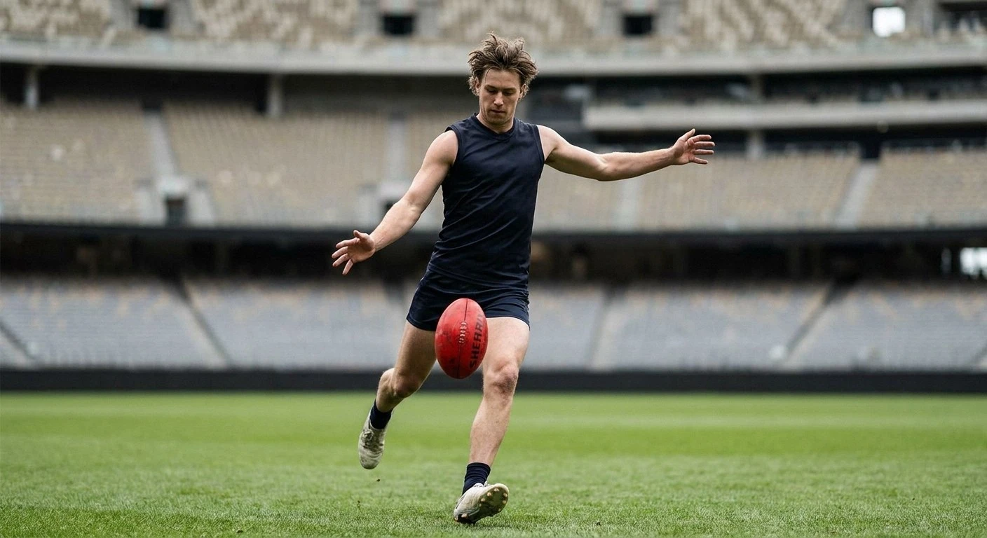 An Australian rules footballer in a generic stadium kicking a red leather football on the run