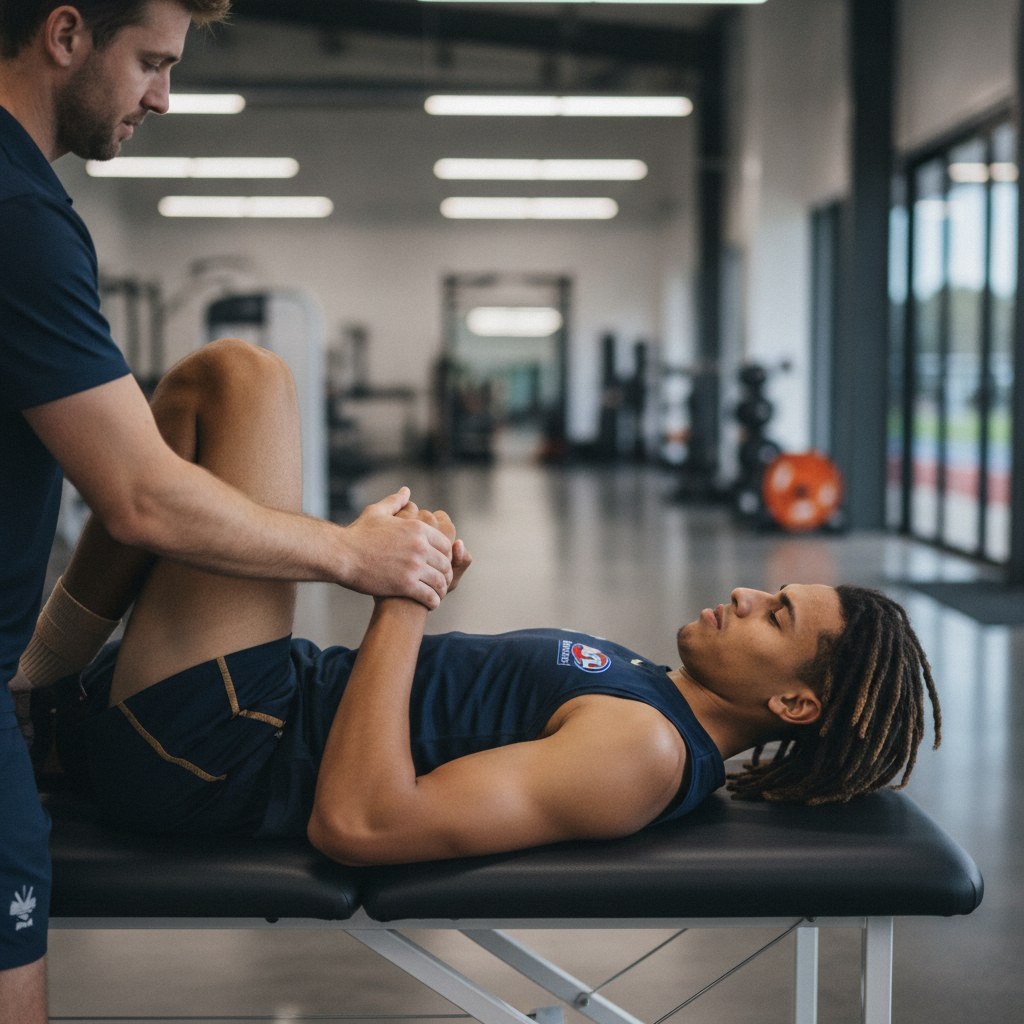 A man in a blue polo stretches the leg of an athlete lying on a black treatment table inside a gym